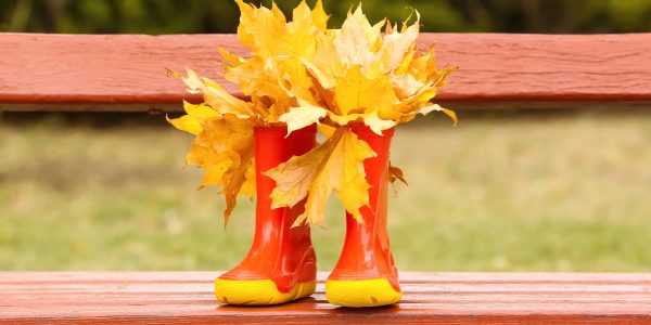 A pair of orange wellington boots with autumn leaves in on a park bench